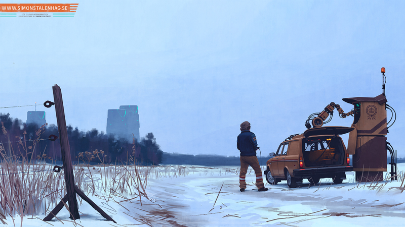 Illustration for article titled Simon Stålenhag's futurescapes feature classic European cars